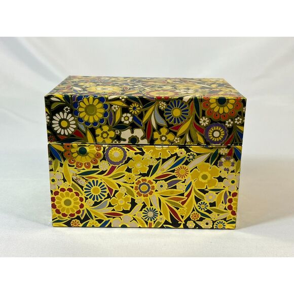 Vintage J Chein Metal Retro Recipe Box Flower Power Floral Black Gold USA MCM - Picture 2 of 10